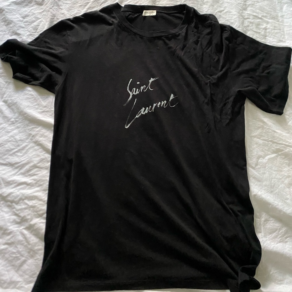 Saint Laurent Black T-Shirt with White Script Logo - Picture 3 of 5
